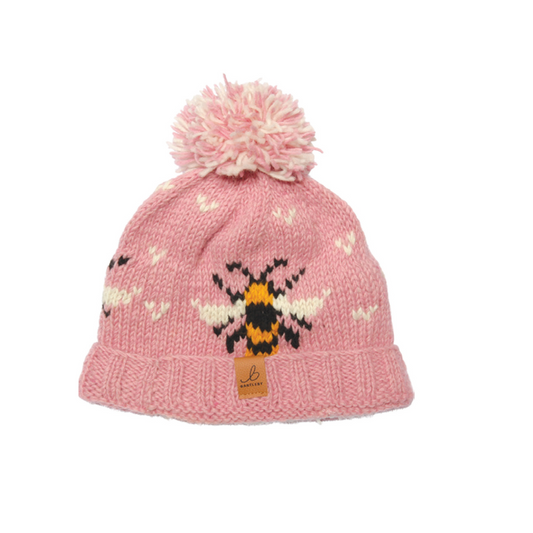 Knitted Fleece Lined Bee Pom Pom Hat