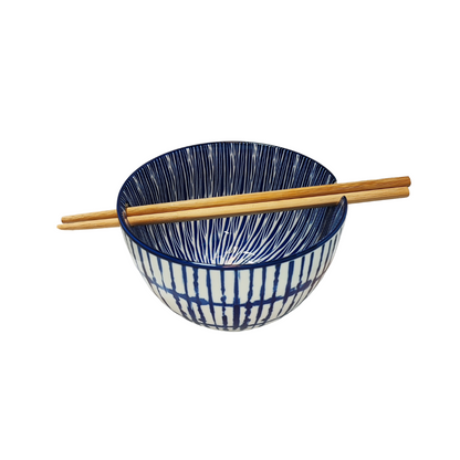 Blue & White Lines Bowl with Chopsticks