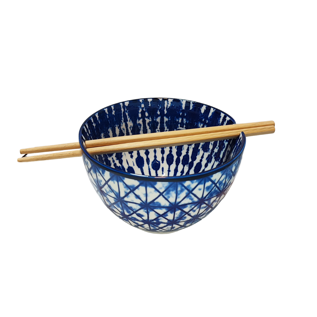 Blue & White Tie Dye Bowl with Chopsticks