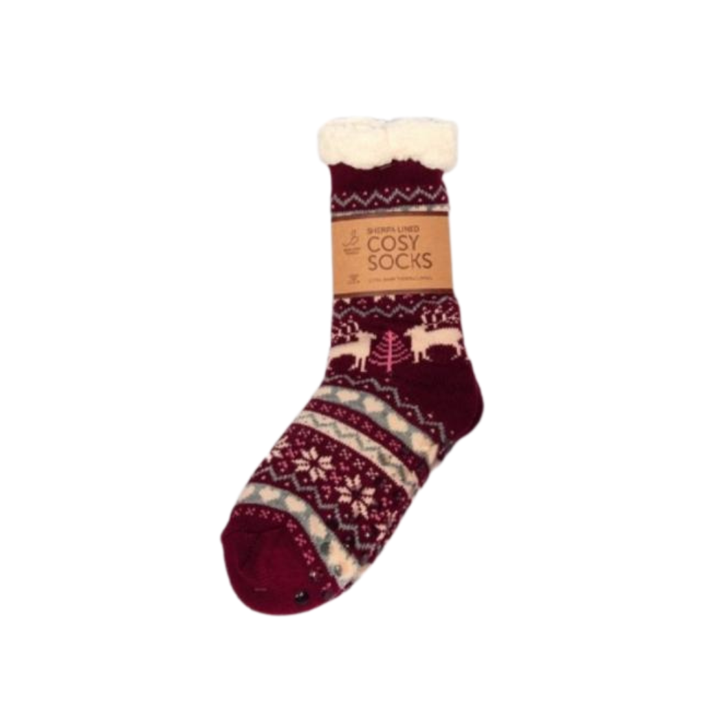 Sherpa Burgundy Reindeer Slipper Socks