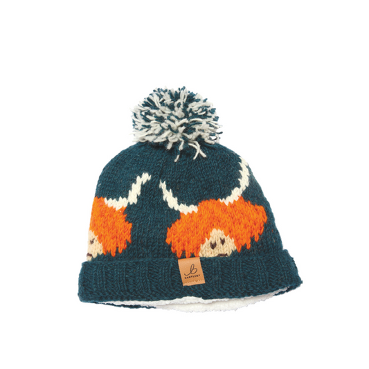 Knitted Fleece Lined Highland Cow Pom Pom Hat