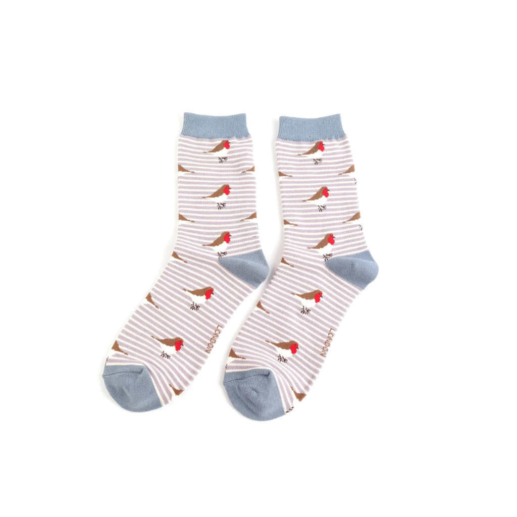 Miss Sparrow Robins on Stripes Lavender Socks