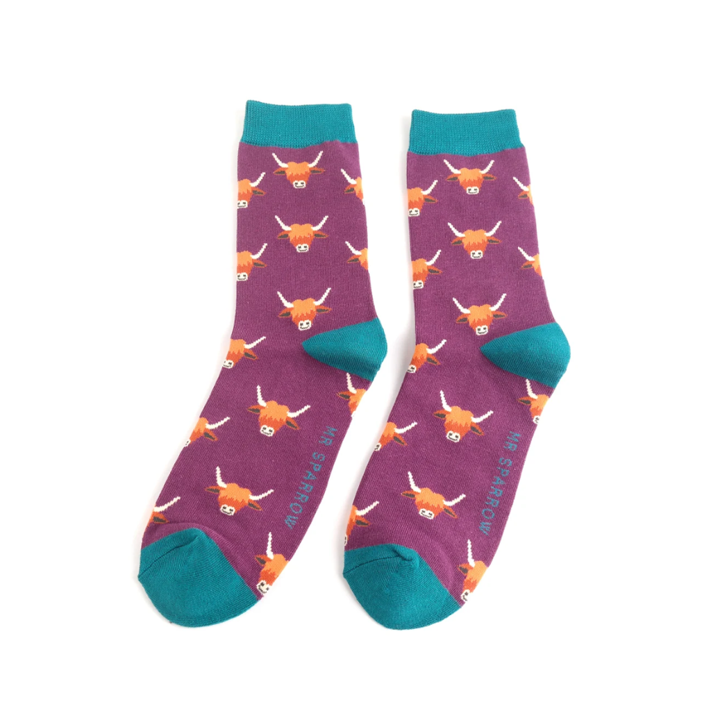 Mr Heron Highland Cow Purple Socks