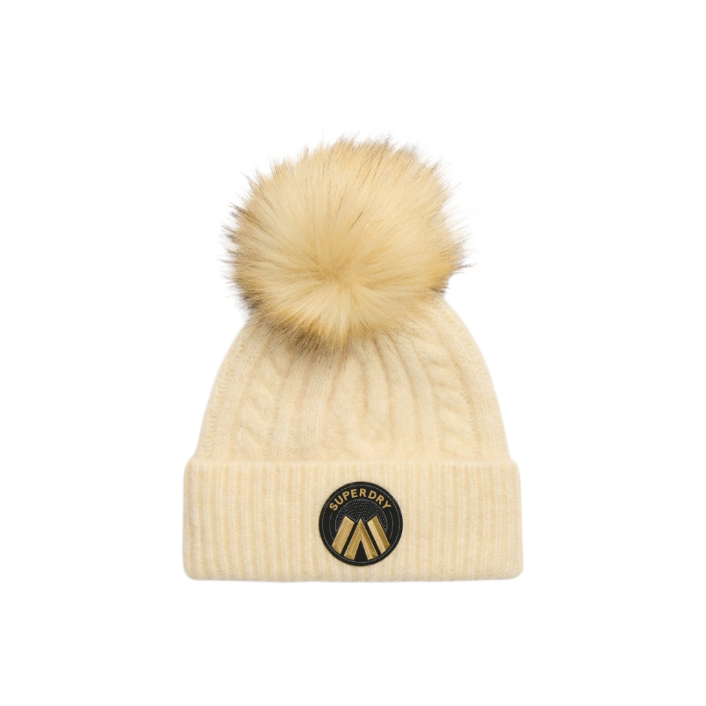 Superdry Cable Luxe Knit Oatmeal White Bobble Hat