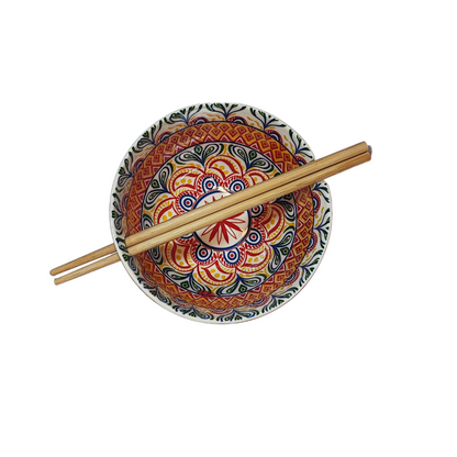 Red Patterned Bowl with Chopsticks