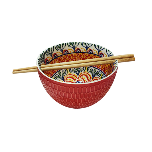 Red Patterned Bowl with Chopsticks