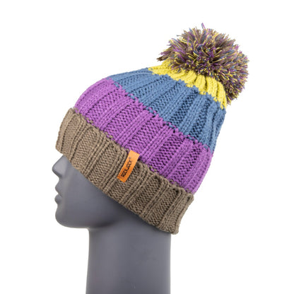 Chunky Knit Sherpa Lined Purple Striped Pom Pom Beanie