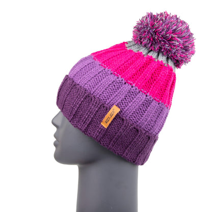 Chunky Knit Sherpa Lined Purple Striped Pom Pom Beanie