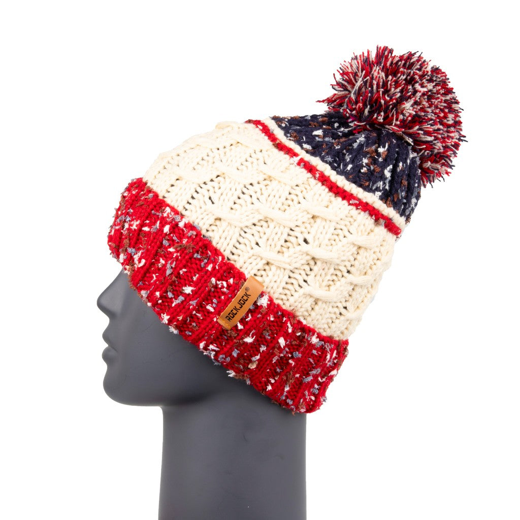 Rustic Chunky Knit Red & Blue Pom Pom Beanie