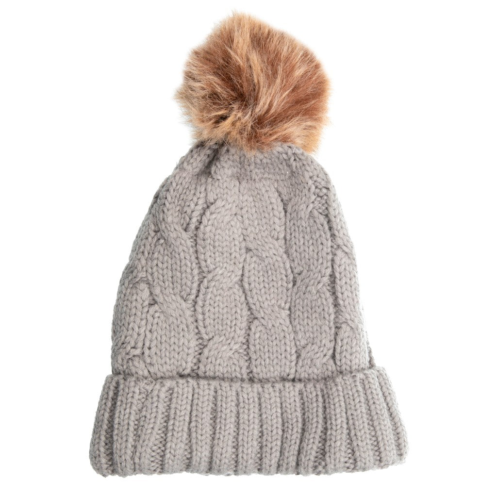 Cable Knit Sherpa Lined Grey Bobble Hat