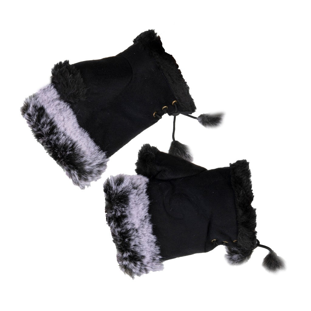 Fluffy Trim Fingerless Black Gloves