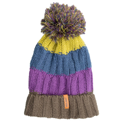 Chunky Knit Sherpa Lined Purple Striped Pom Pom Beanie