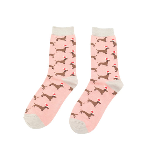 Miss Sparrow Pink Santa Sausage Dogs Socks