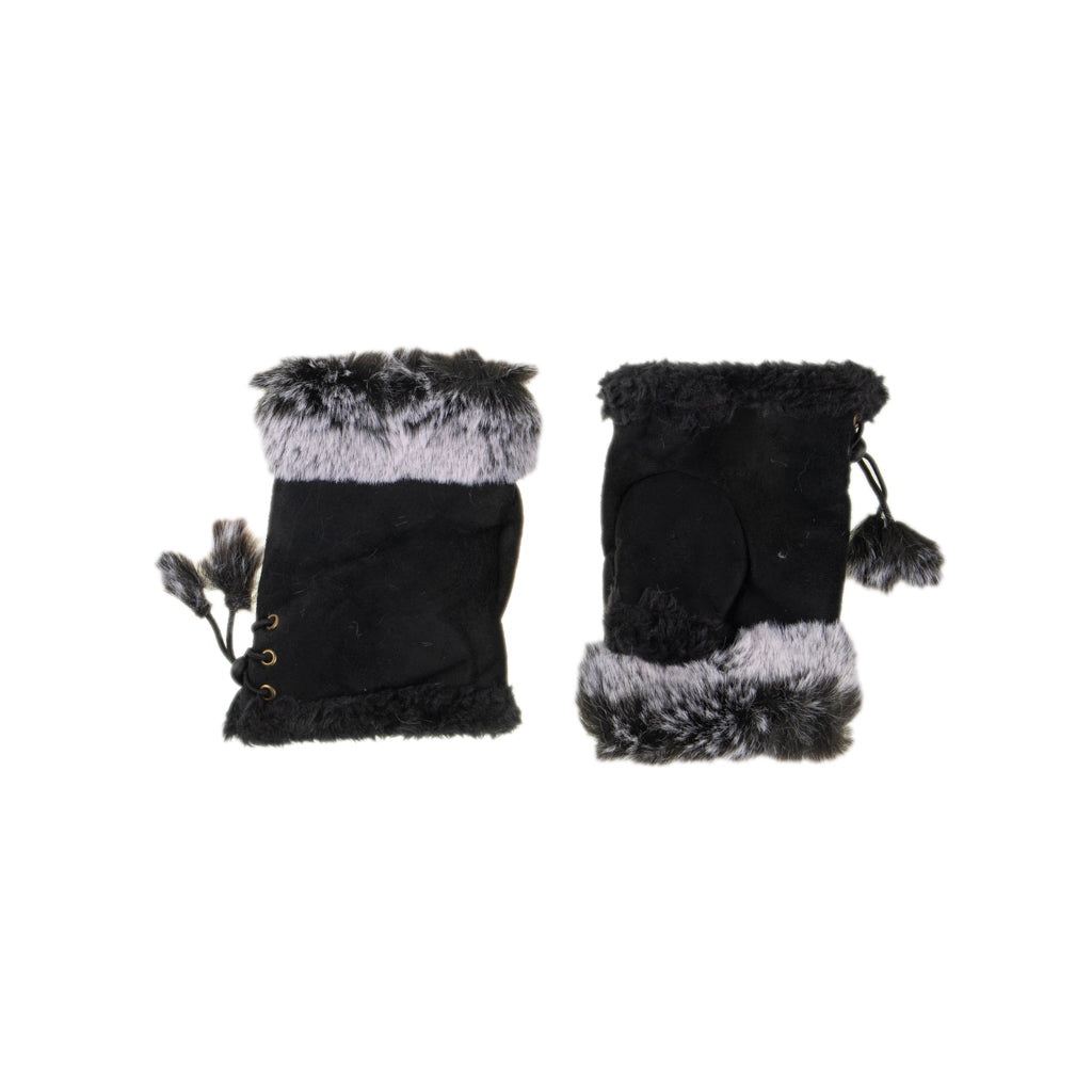 Fluffy Trim Fingerless Black Gloves