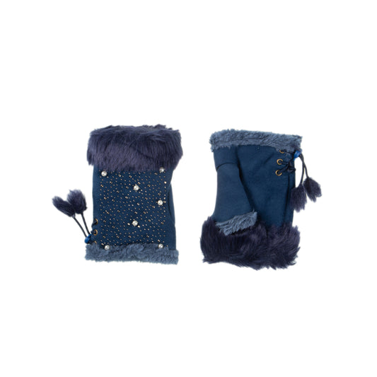 Fluffy Trim & Silver Sequins Fingerless Blue Gloves