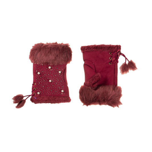 Fluffy Trim & Silver Sequins Fingerless Red Gloves