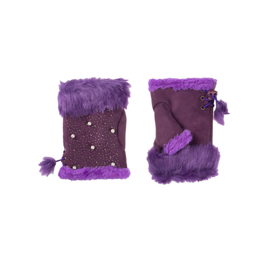 Fluffy Trim & Silver Sequins Fingerless Purple Gloves