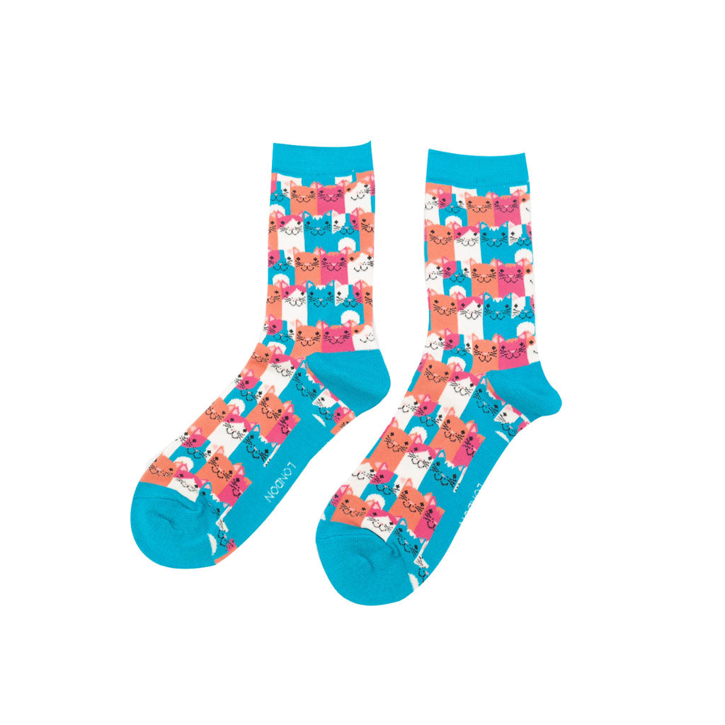 Miss Sparrow Turquoise Happy Cat Socks