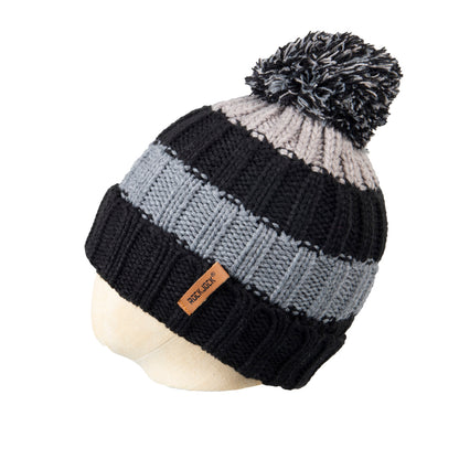 Kids Bobble Hat Chunky Black/Grey Stripe