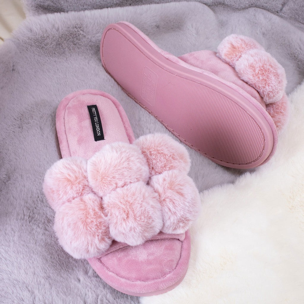 Fuzzy pom pom slippers hot sale