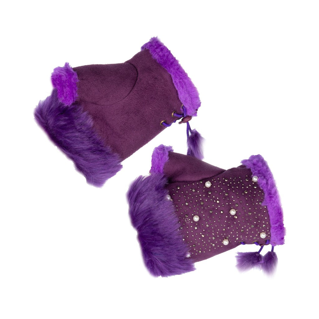 Fluffy Trim & Silver Sequins Fingerless Purple Gloves