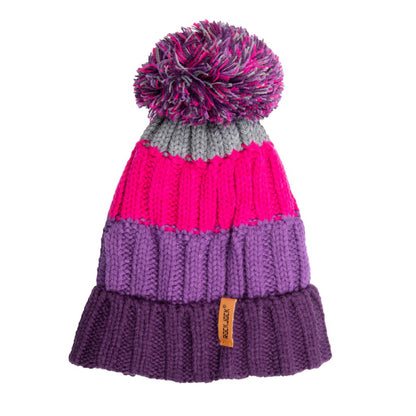 Chunky Knit Sherpa Lined Purple Striped Pom Pom Beanie