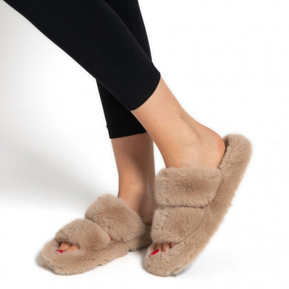 Miss Sparrow Double Strap Fluffy Warm Stone Slippers